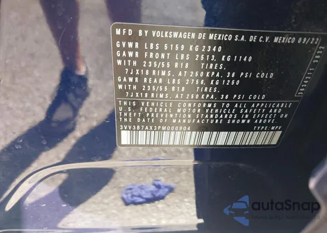 2023 Volkswagen Tiguan 2.0T Se z USA, uszkodzony, nr VIN 3VV3B7AX3PM000904